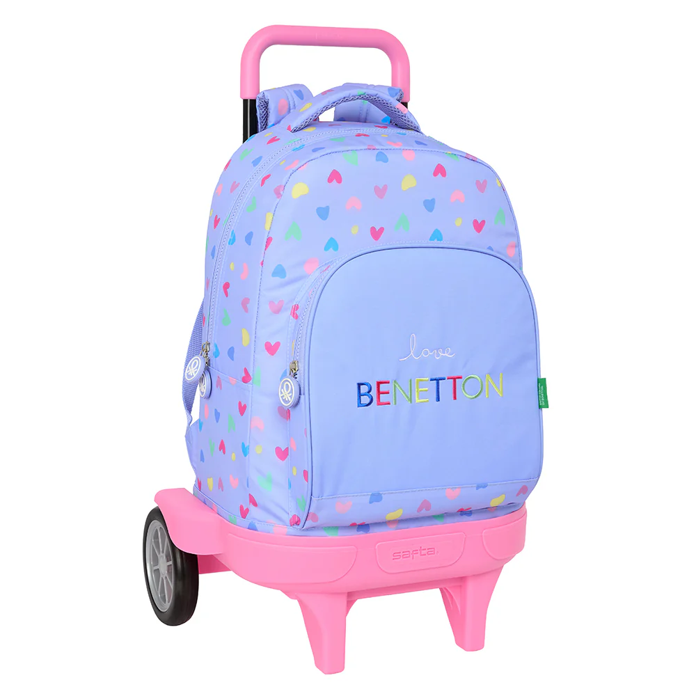 Mochila Escolar Grande Con Ruedas Benetton Lila Corazones - Mochila Doble Compartimento Con Carro De Quita Y Pon Benetton Lila Corazones - Mochila Benetton Lila Corazones Con Ruedas - Safta