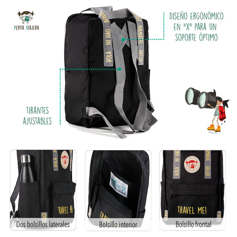 Mochila Para Viajeros Saludos del Mundo Color Negro ¡Viájame! Inglés - Pepita Viajera - Imagen 3