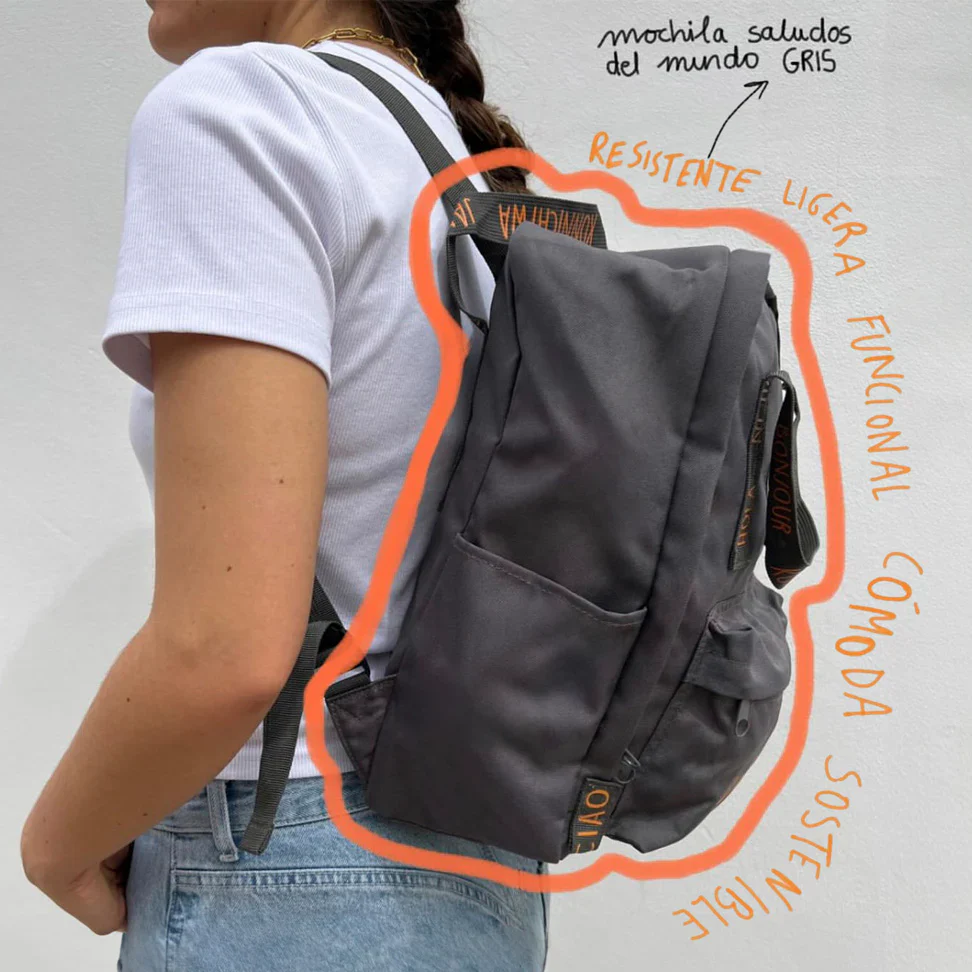 Mochila Para Viajeros Saludos del Mundo Color Gris Inglés - Pepita Viajera - Imagen 3